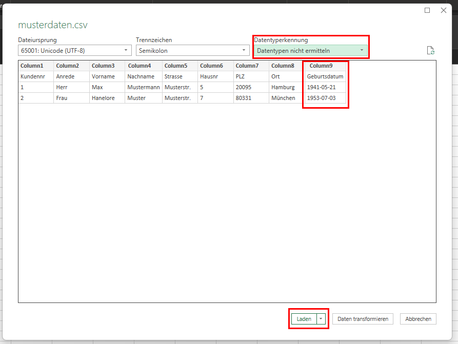 Excel CSV-Import mit urprünglichen Datenformaten